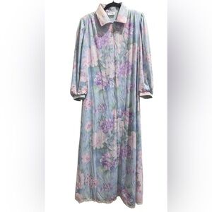 Vintage 70s Lucie Ann House Coat Dress Maxi Pockets Womens Size L , Blue Floral